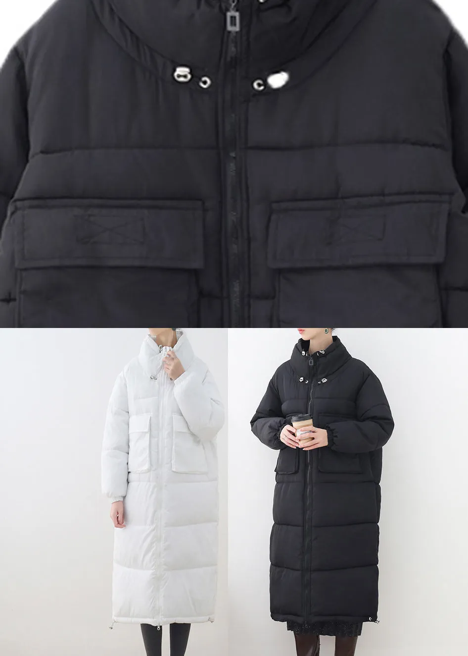 Loose Black Stand Collar Pockets Drawstring Thick Parka Long Sleeve