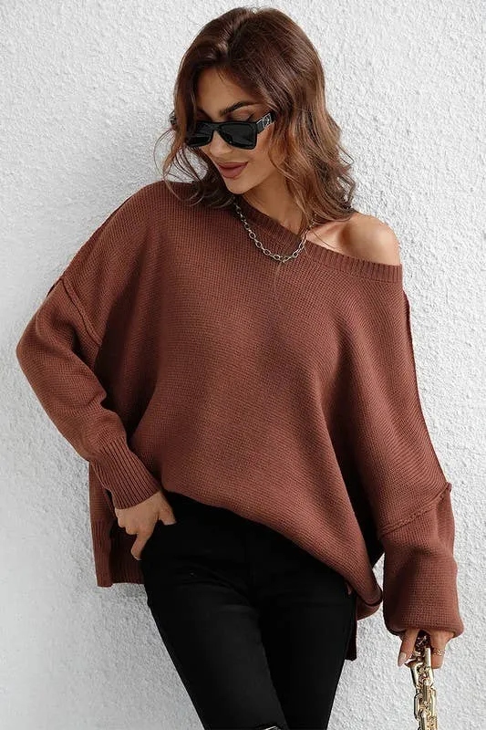 LOOSE FIT DOLMAN SLEEVE KNIT SWEATER: BLACK