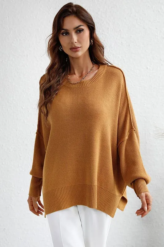 LOOSE FIT DOLMAN SLEEVE KNIT SWEATER: BLACK