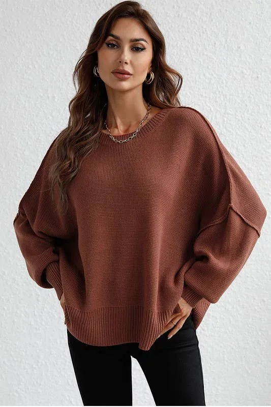 LOOSE FIT DOLMAN SLEEVE KNIT SWEATER: BLACK