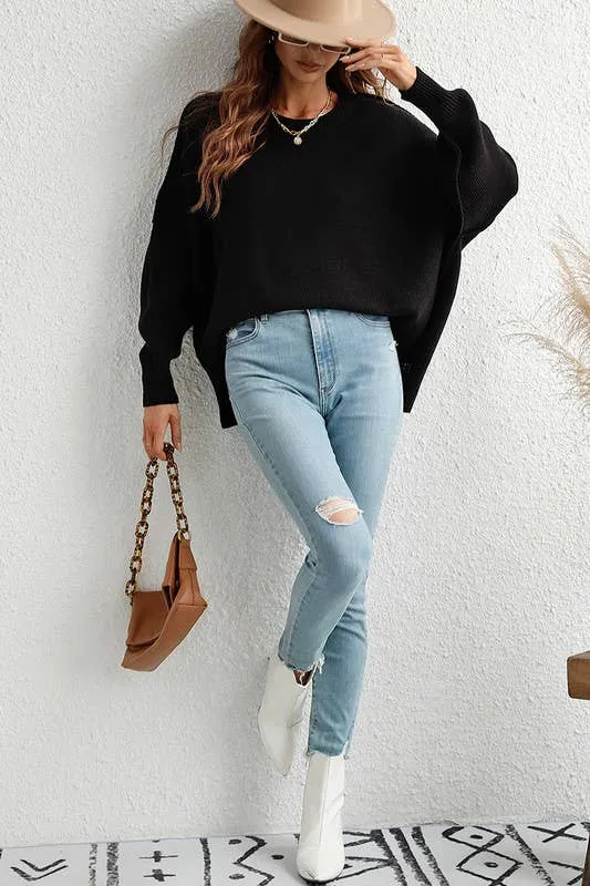 LOOSE FIT DOLMAN SLEEVE KNIT SWEATER: BLACK