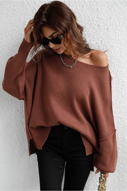 LOOSE FIT DOLMAN SLEEVE KNIT SWEATER: BLACK