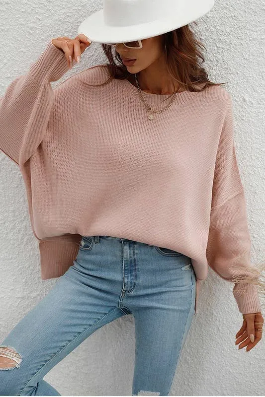 LOOSE FIT DOLMAN SLEEVE KNIT SWEATER: BLACK