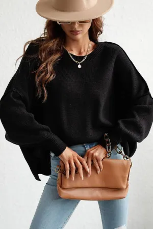 LOOSE FIT DOLMAN SLEEVE KNIT SWEATER: BLACK