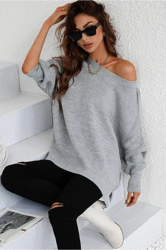 LOOSE FIT DOLMAN SLEEVE KNIT SWEATER: BLACK