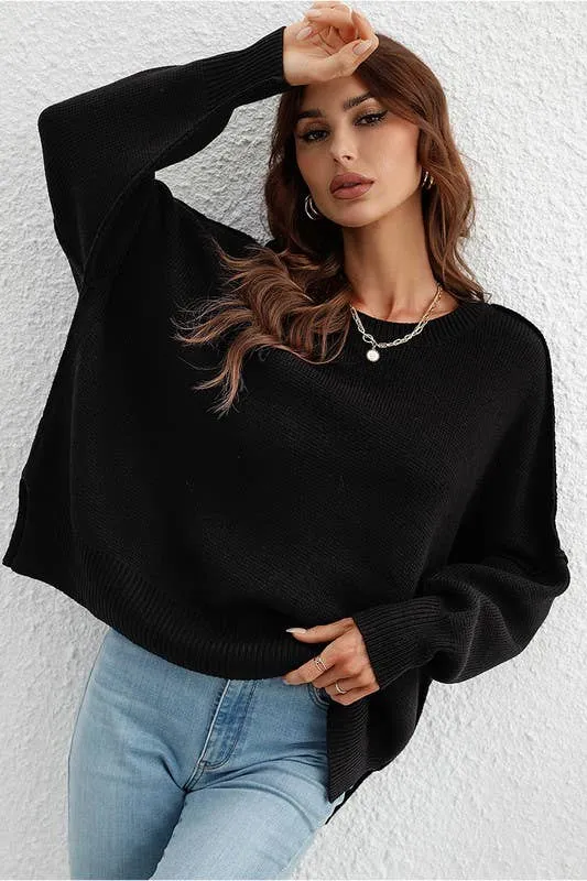 LOOSE FIT DOLMAN SLEEVE KNIT SWEATER: BLACK
