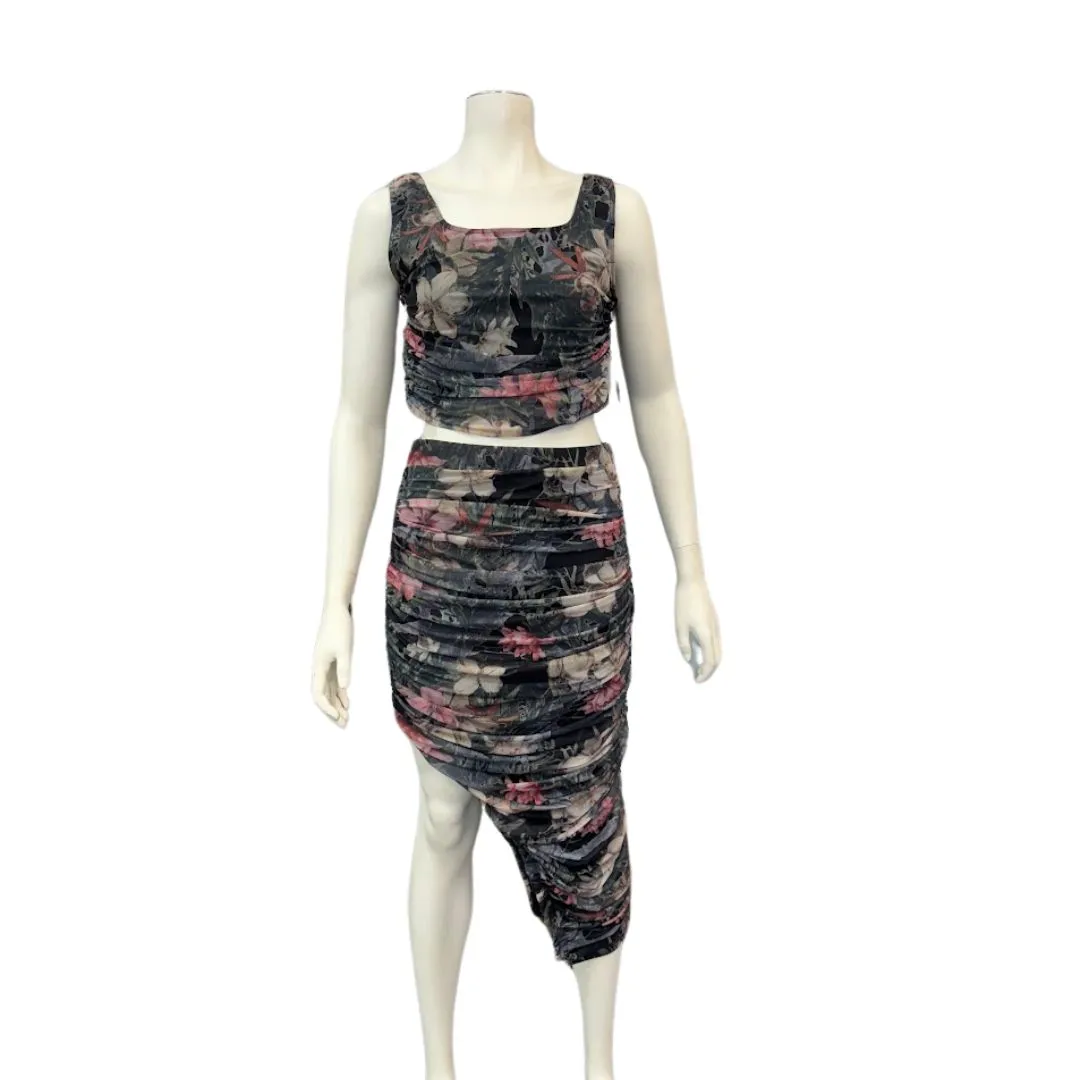 Lulus Always Blooming Black Floral Print Ruched Two-Piece Midi Dress, Large
