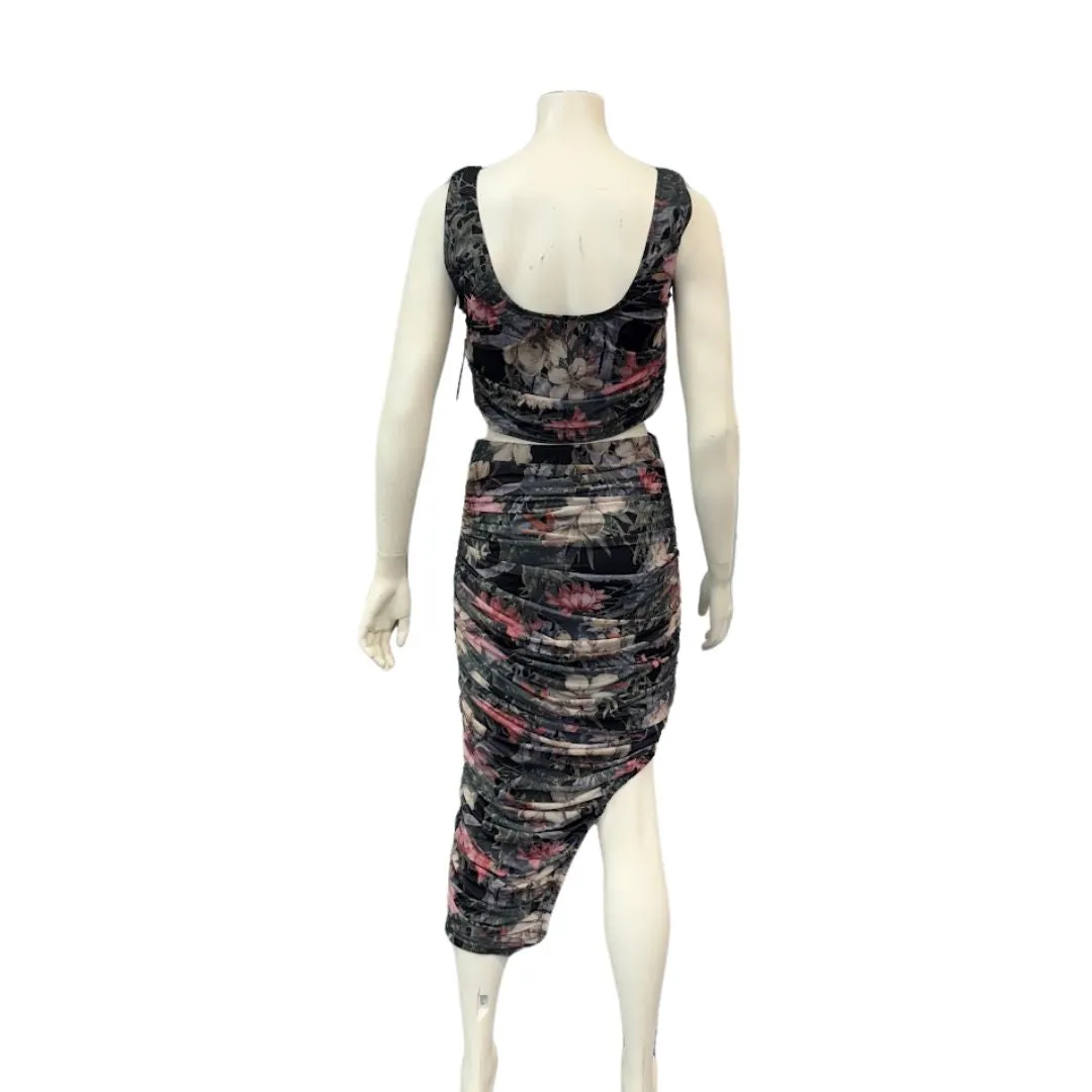 Lulus Always Blooming Black Floral Print Ruched Two-Piece Midi Dress, Large