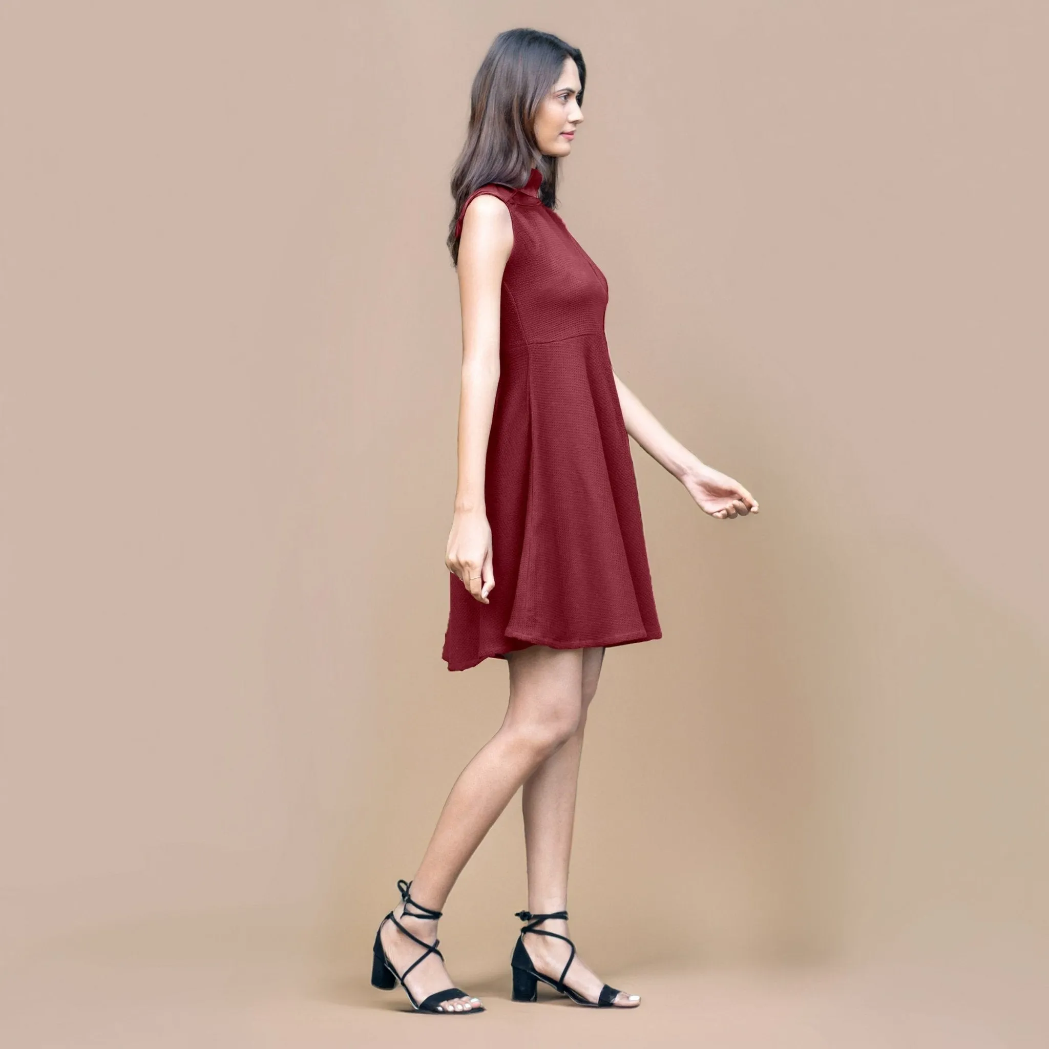 Maroon Warm Cotton Waffle Fit and Flare Short Sleeveless Dress