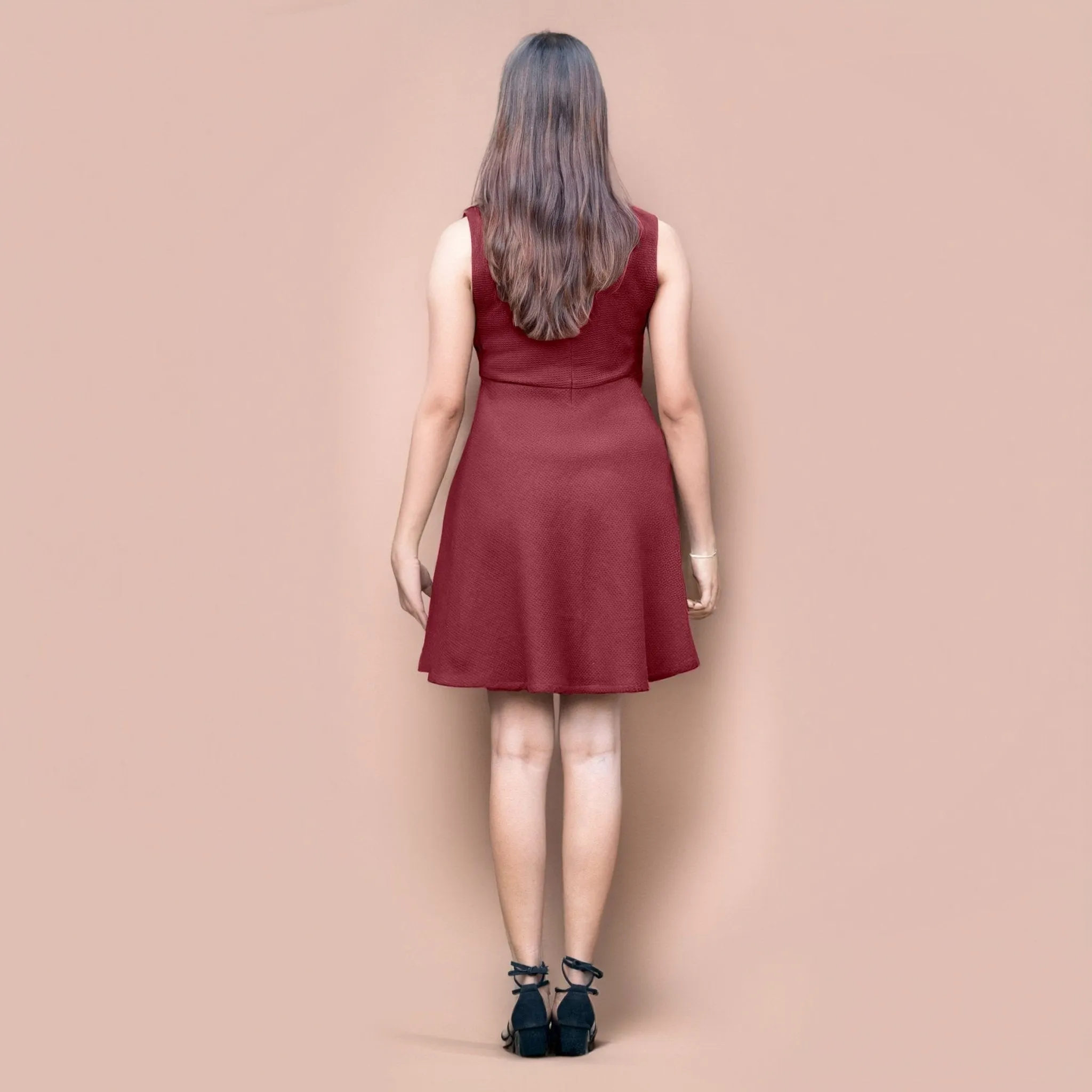 Maroon Warm Cotton Waffle Fit and Flare Short Sleeveless Dress