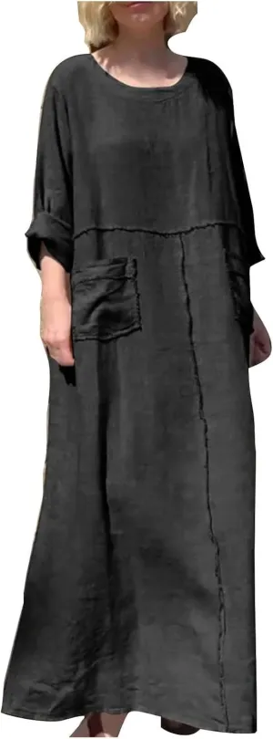 Maxi Dress for Women Cotton Linen Crewneck Flowy Beach Long Dresses Casual Long Sleeve Pleated Dresses with Pocket
