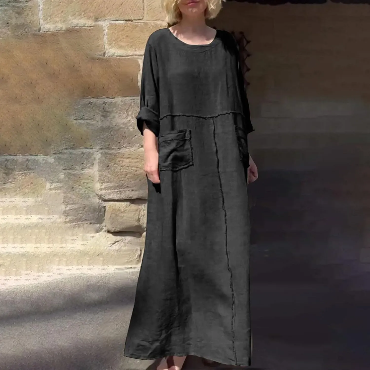 Maxi Dress for Women Cotton Linen Crewneck Flowy Beach Long Dresses Casual Long Sleeve Pleated Dresses with Pocket
