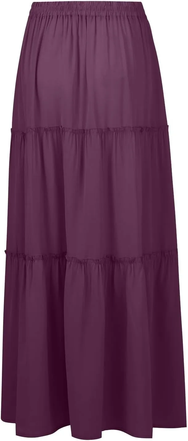 Maxi Skirt for Women 2025 Vacation Summer Tiered High Waisted Skirt Pleated Aline Work Flowy Long Skirts with Pockets