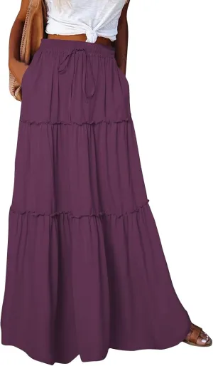 Maxi Skirt for Women 2025 Vacation Summer Tiered High Waisted Skirt Pleated Aline Work Flowy Long Skirts with Pockets