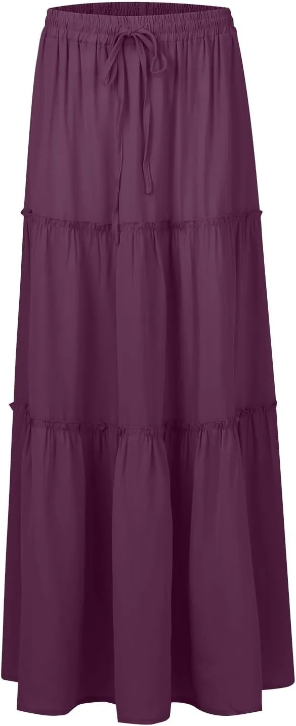 Maxi Skirt for Women 2025 Vacation Summer Tiered High Waisted Skirt Pleated Aline Work Flowy Long Skirts with Pockets