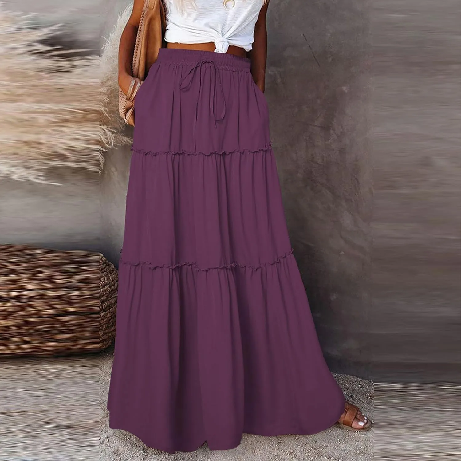 Maxi Skirt for Women 2025 Vacation Summer Tiered High Waisted Skirt Pleated Aline Work Flowy Long Skirts with Pockets