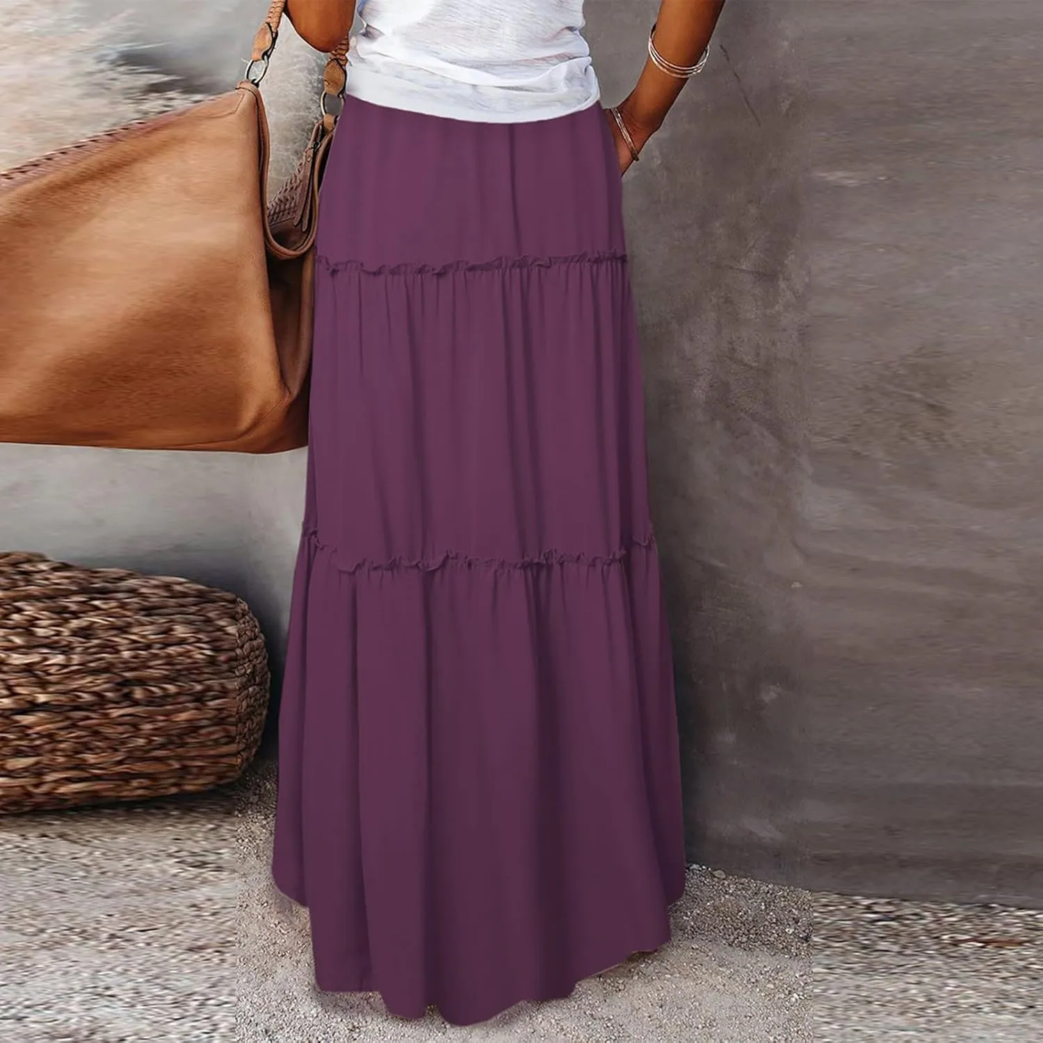 Maxi Skirt for Women 2025 Vacation Summer Tiered High Waisted Skirt Pleated Aline Work Flowy Long Skirts with Pockets