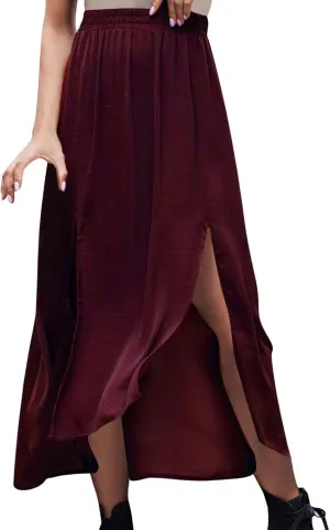 Maxi Skirt for Women Casual Flowy Split Ruffle High Low Beach Skirts Elastic High Waist Pleated A Line Long Skirts