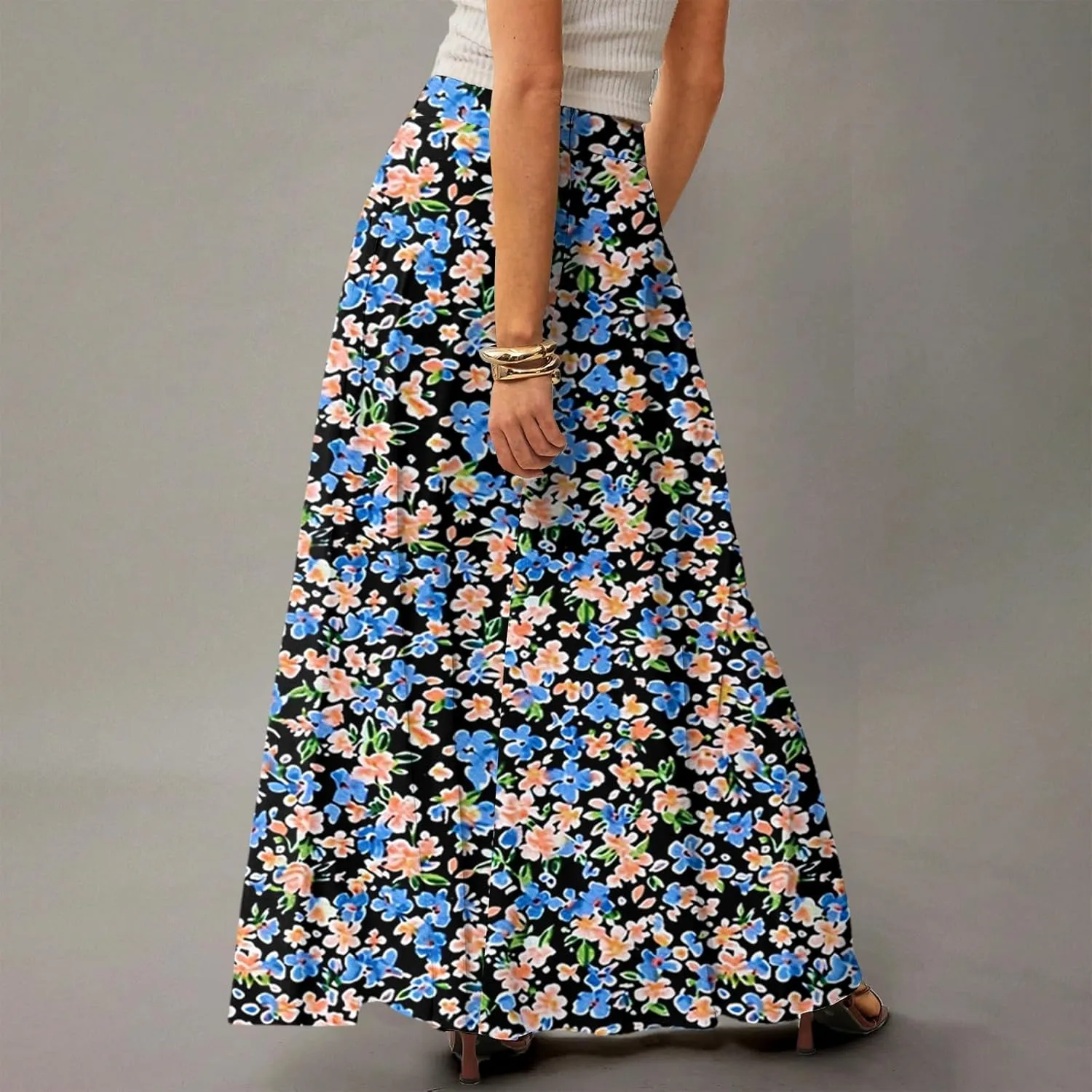 Maxi Skirts for Women Ankle Length Skirt High Waisted Summer Floral Printed Bohemian Casual Long Skirts with Pockets