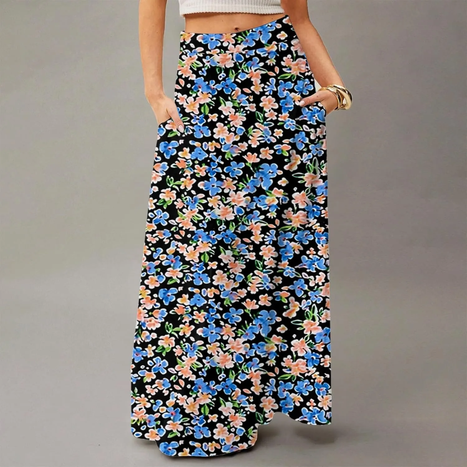 Maxi Skirts for Women Ankle Length Skirt High Waisted Summer Floral Printed Bohemian Casual Long Skirts with Pockets