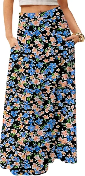 Maxi Skirts for Women Ankle Length Skirt High Waisted Summer Floral Printed Bohemian Casual Long Skirts with Pockets