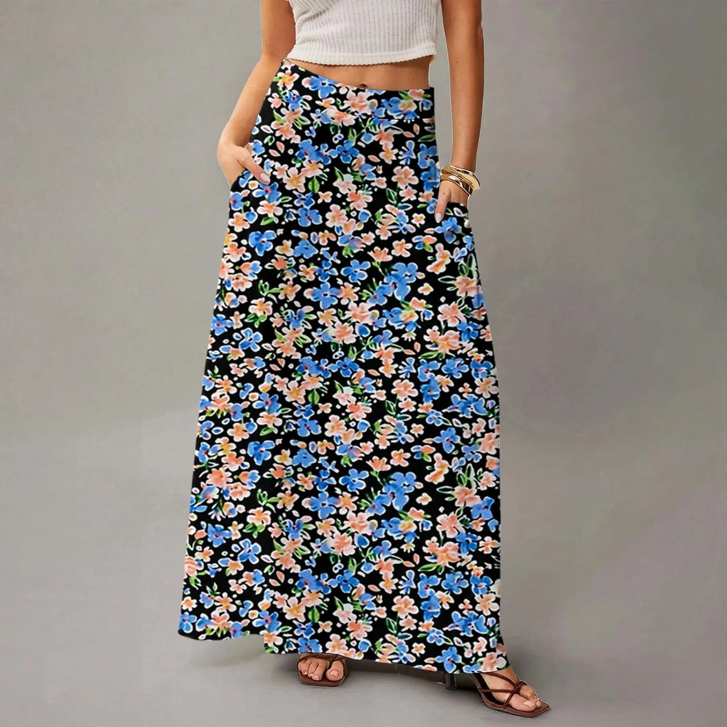 Maxi Skirts for Women Ankle Length Skirt High Waisted Summer Floral Printed Bohemian Casual Long Skirts with Pockets
