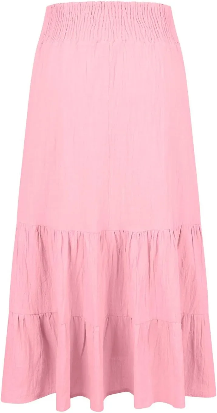 Maxi Skirts for Women Solid Color Ruffle Tiered Pleated Elastic High Waisted Skirt Summer Casual Flowy A Line Skirts