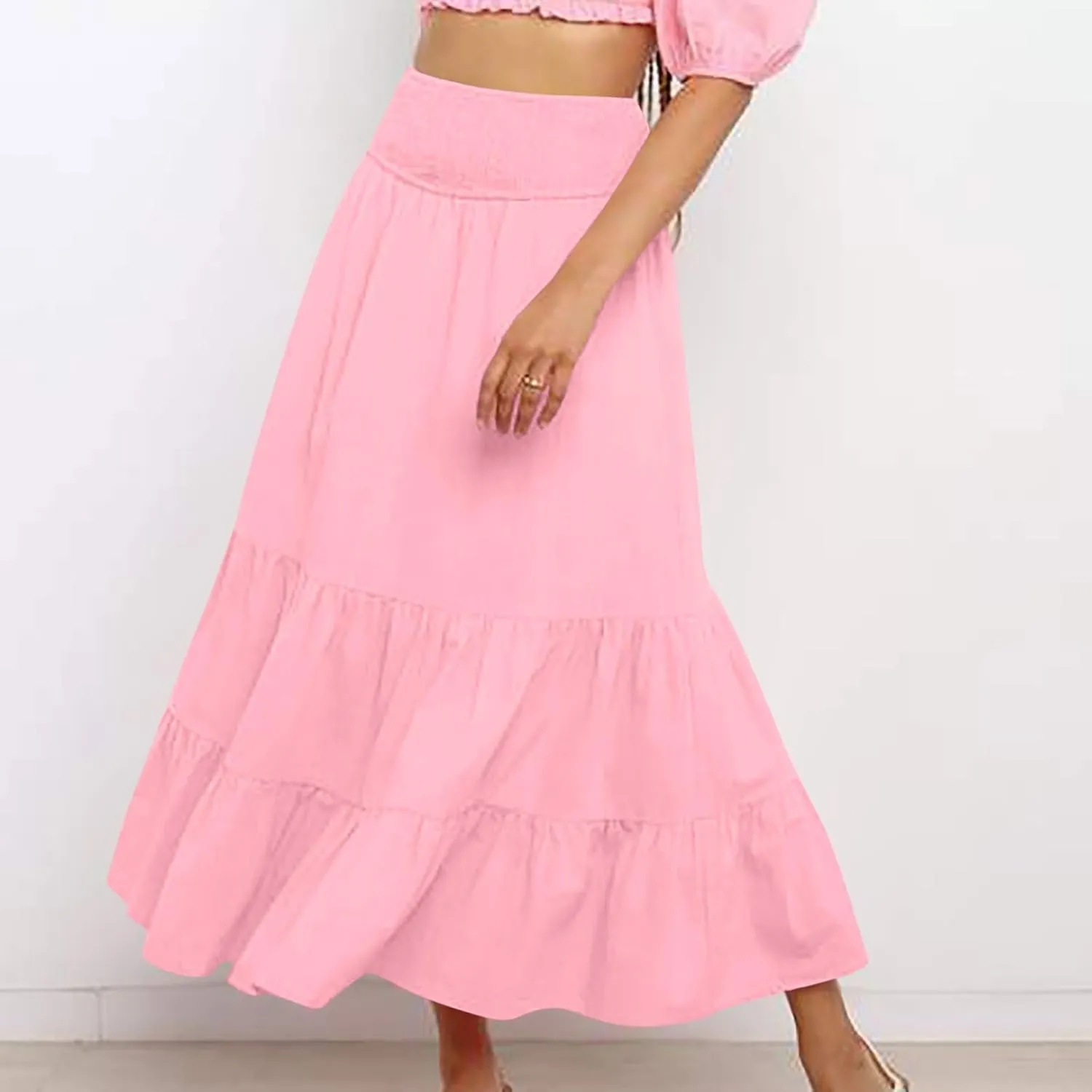 Maxi Skirts for Women Solid Color Ruffle Tiered Pleated Elastic High Waisted Skirt Summer Casual Flowy A Line Skirts
