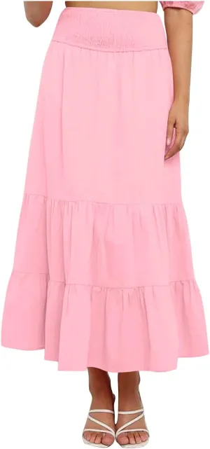 Maxi Skirts for Women Solid Color Ruffle Tiered Pleated Elastic High Waisted Skirt Summer Casual Flowy A Line Skirts