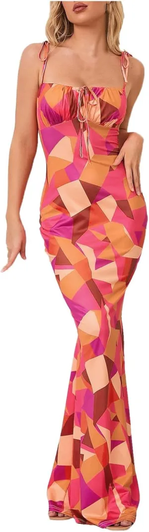 MCILLO Women's Sexy Summer Floral Bodycon Maxi Dress 2024 Spaghetti Strap Sleeveless Boho Long Dresses