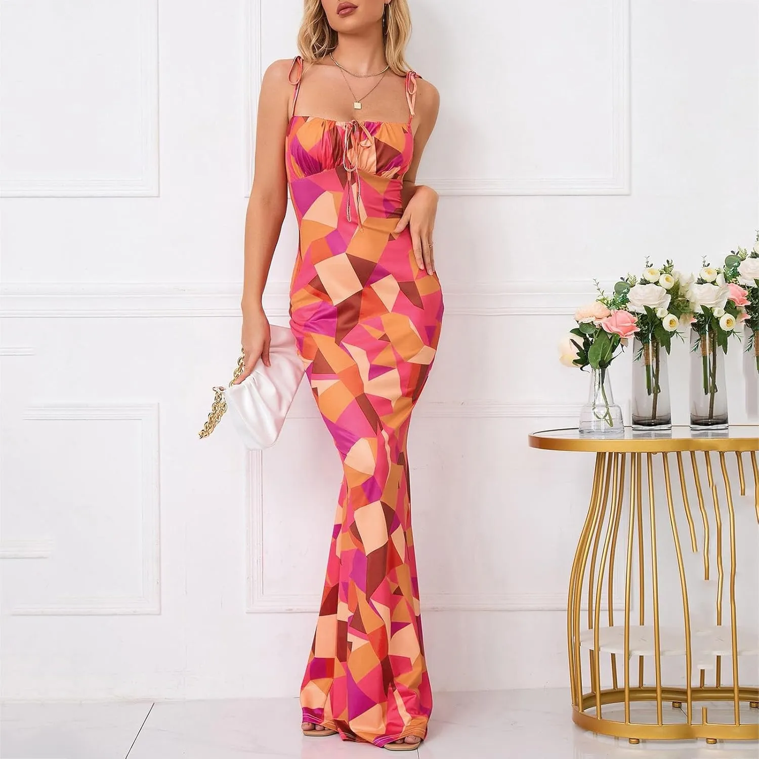 MCILLO Women's Sexy Summer Floral Bodycon Maxi Dress 2024 Spaghetti Strap Sleeveless Boho Long Dresses