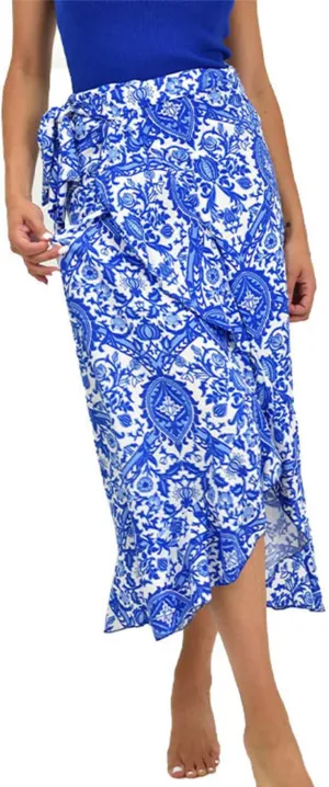 Melliflo Casual Women Floral Printed Maxi Skirts Boho High Waisted Tie Side Slit Skirt Ruffle Sexy A Line Bodycon Midi Dress