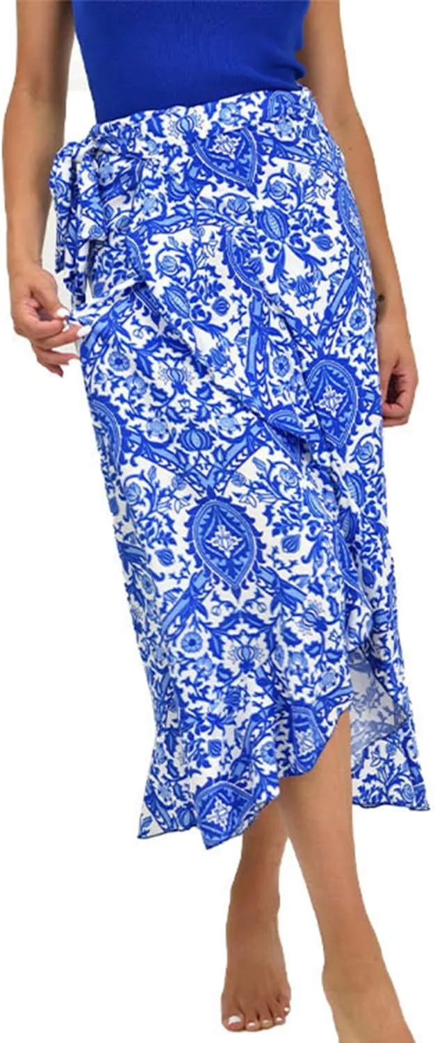 Melliflo Casual Women Floral Printed Maxi Skirts Boho High Waisted Tie Side Slit Skirt Ruffle Sexy A Line Bodycon Midi Dress