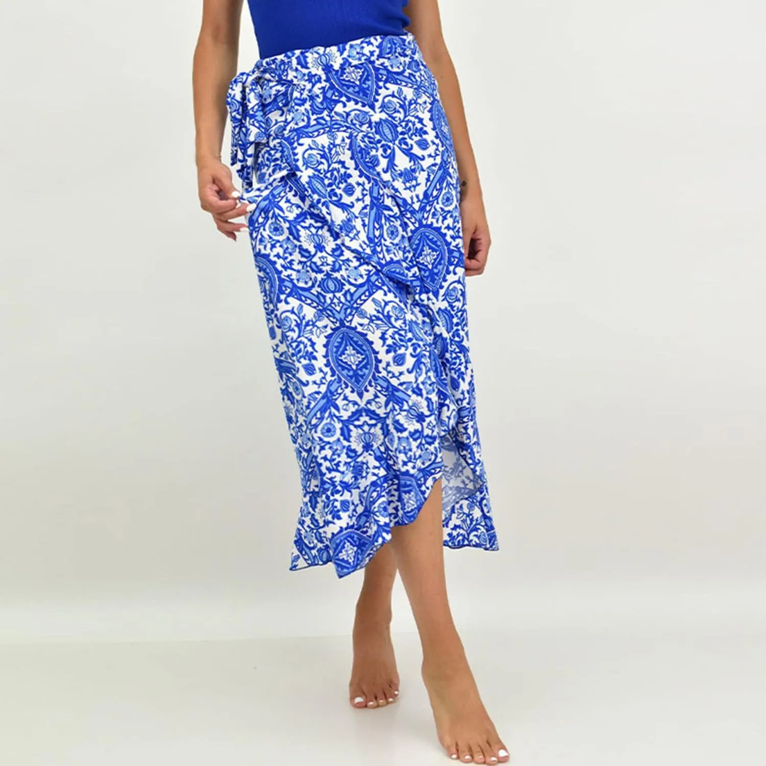 Melliflo Casual Women Floral Printed Maxi Skirts Boho High Waisted Tie Side Slit Skirt Ruffle Sexy A Line Bodycon Midi Dress