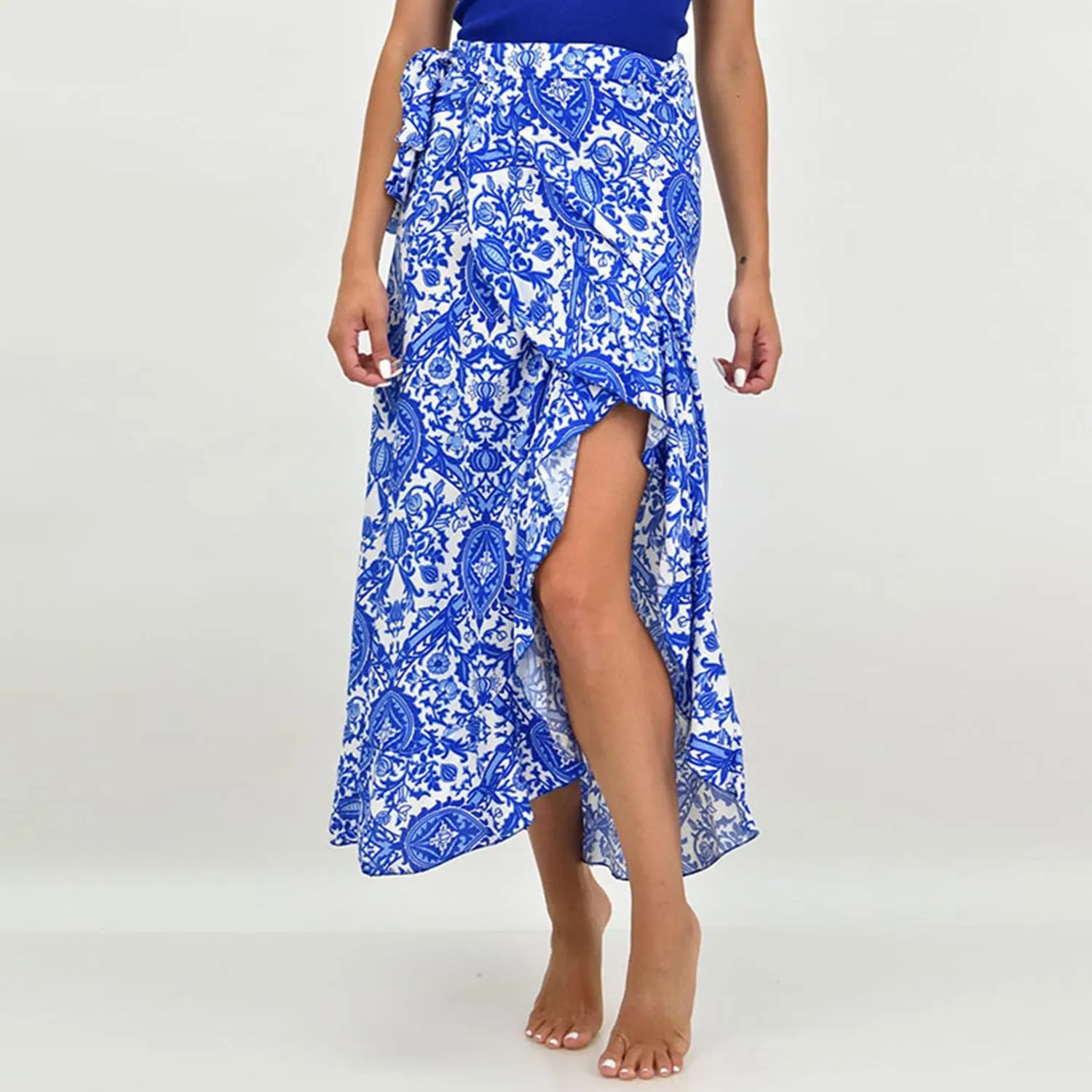 Melliflo Casual Women Floral Printed Maxi Skirts Boho High Waisted Tie Side Slit Skirt Ruffle Sexy A Line Bodycon Midi Dress