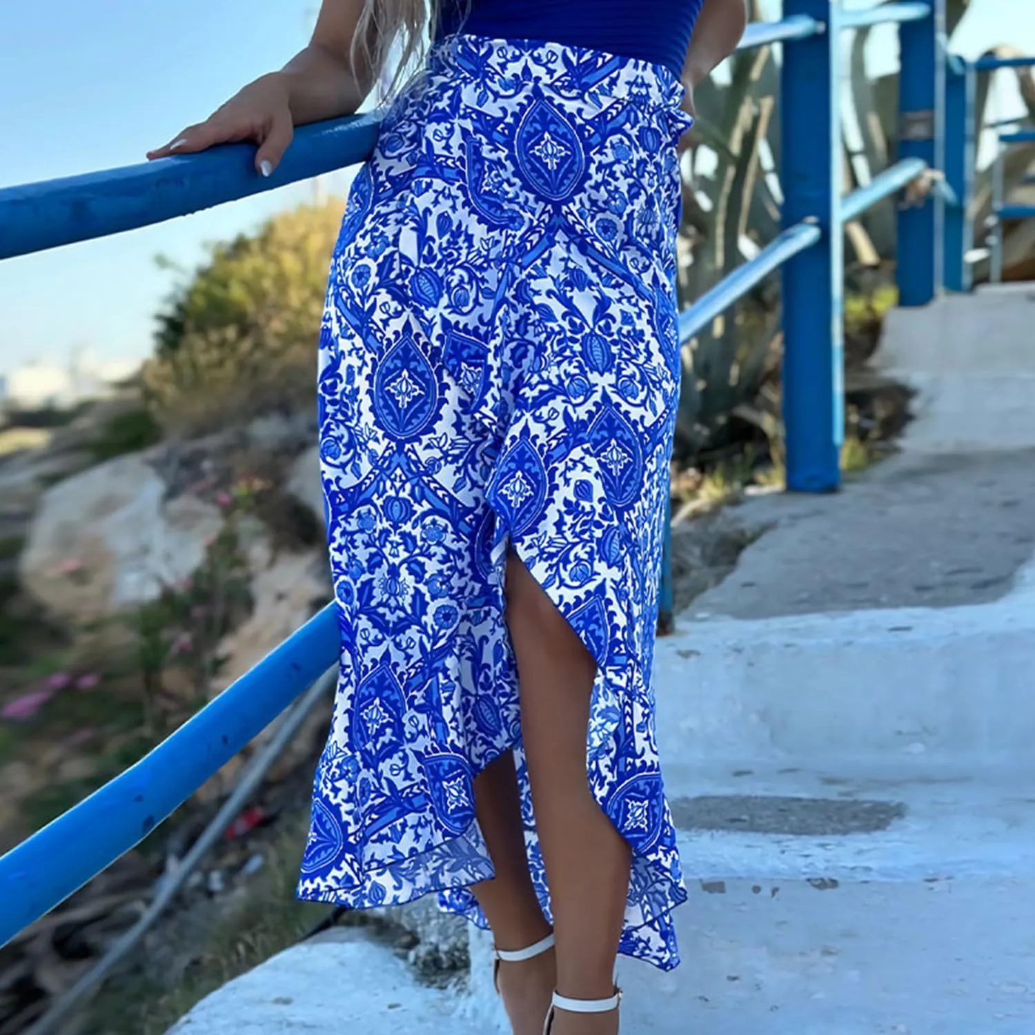 Melliflo Casual Women Floral Printed Maxi Skirts Boho High Waisted Tie Side Slit Skirt Ruffle Sexy A Line Bodycon Midi Dress