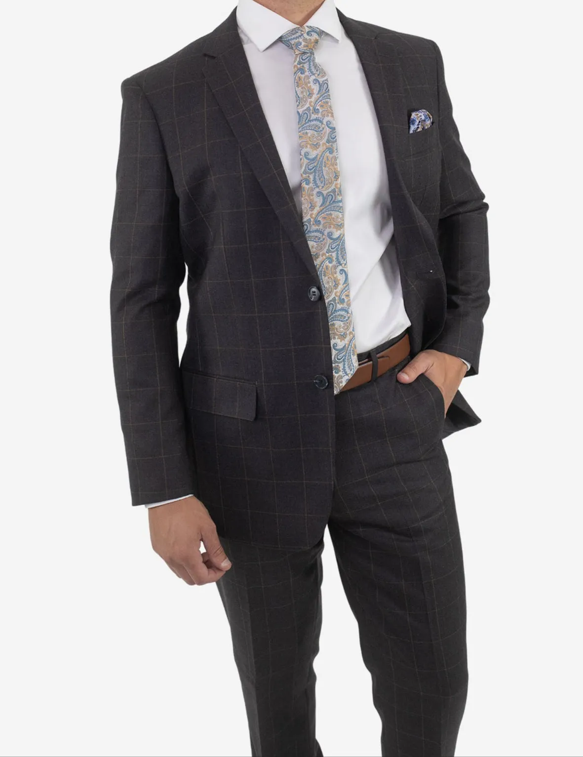 Men's Charcoal with Beige Windowpane Slim Fit Wool Suit