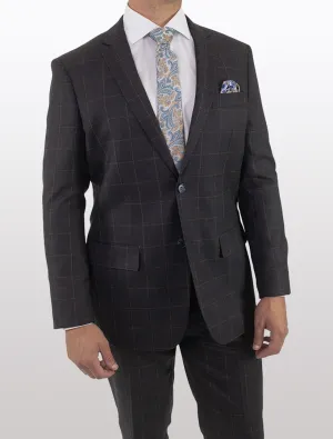 Men's Charcoal with Beige Windowpane Slim Fit Wool Suit