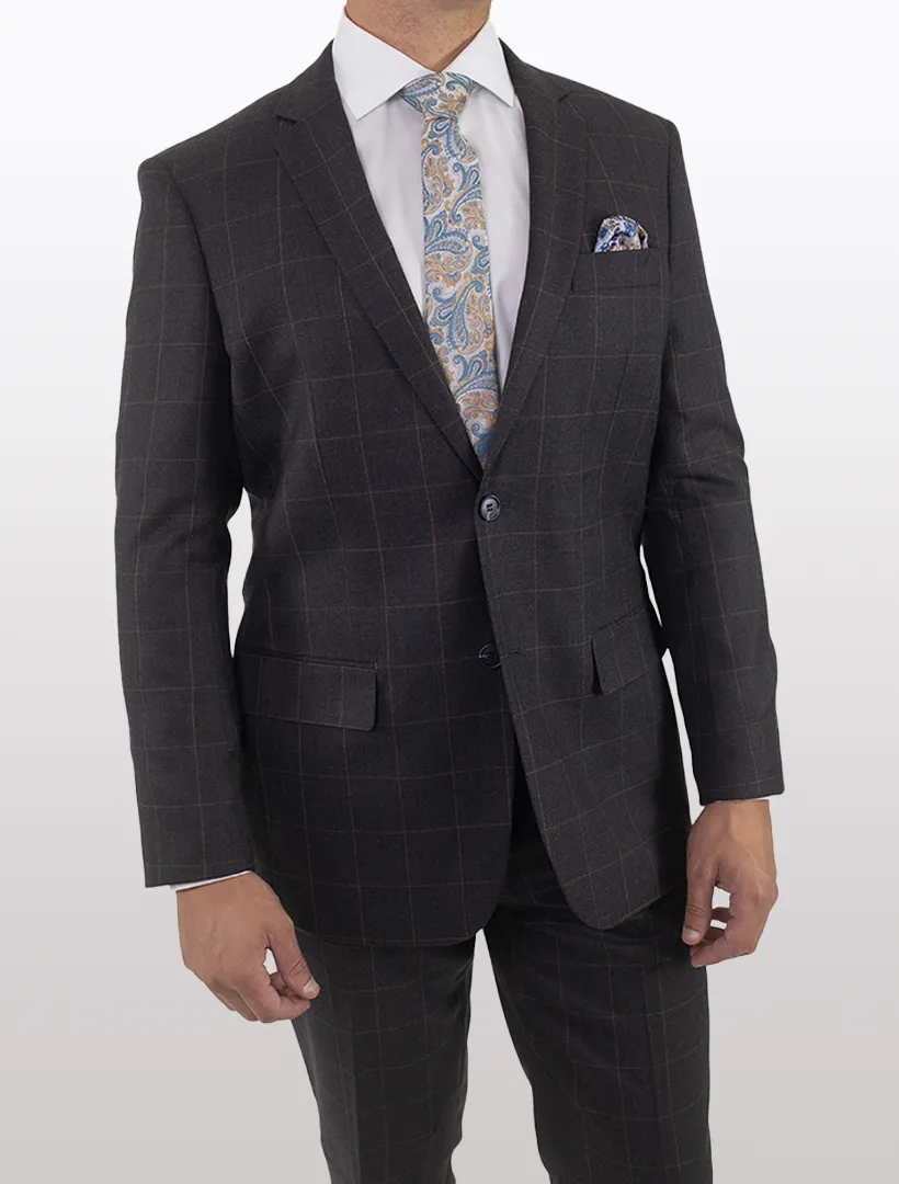 Men's Charcoal with Beige Windowpane Slim Fit Wool Suit