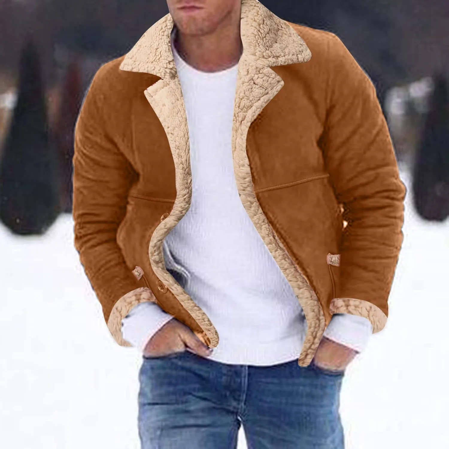 Mens Faux Suede Jackets Sherpa Lined Button Down Bomber Jacket Big and Tall Trucker Jacket Turn Down Collar Warm Coats