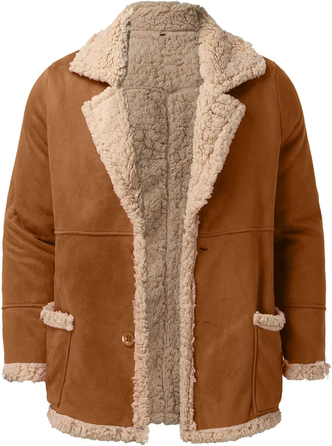 Mens Faux Suede Jackets Sherpa Lined Button Down Bomber Jacket Big and Tall Trucker Jacket Turn Down Collar Warm Coats