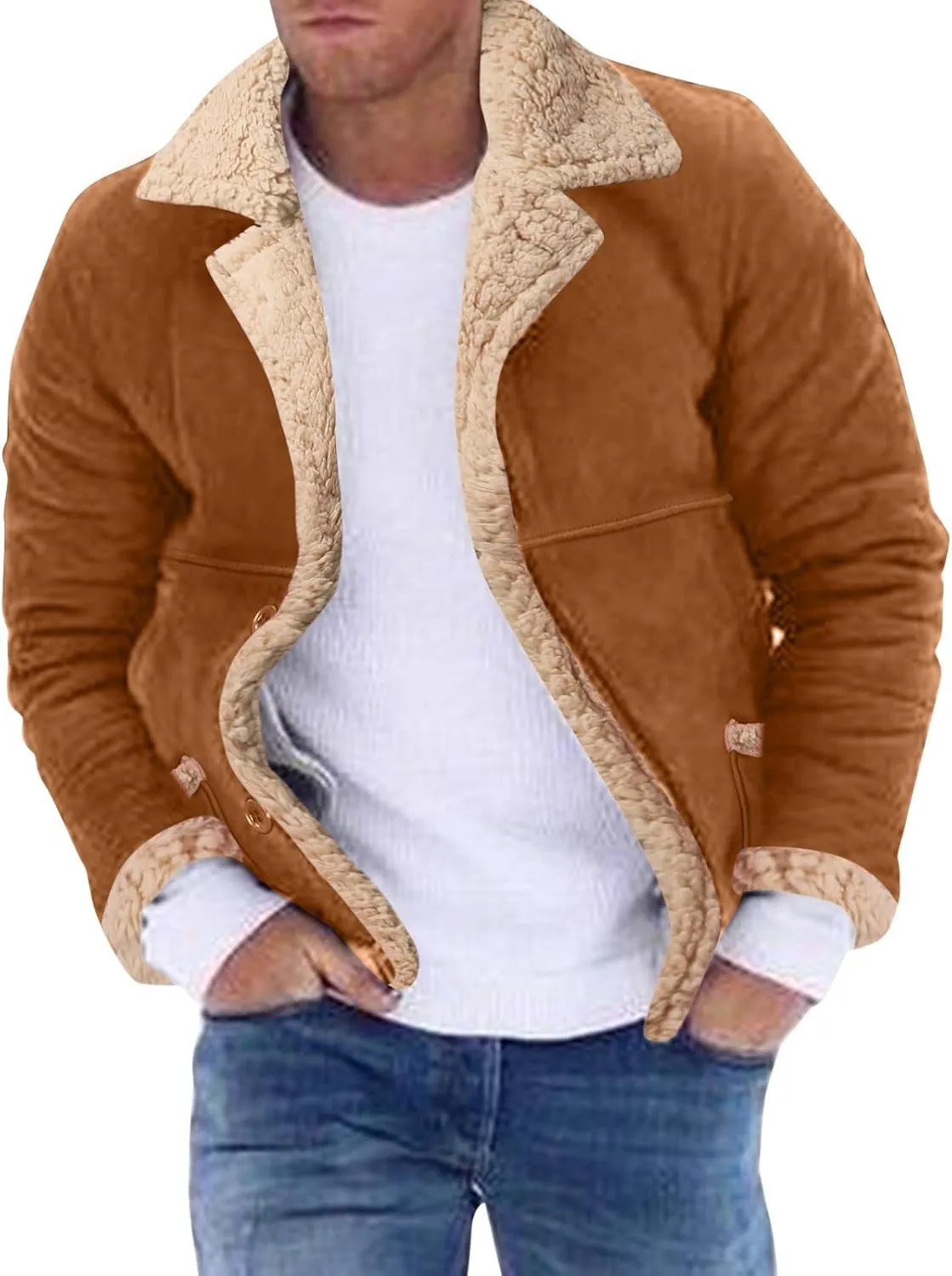 Mens Faux Suede Jackets Sherpa Lined Button Down Bomber Jacket Big and Tall Trucker Jacket Turn Down Collar Warm Coats