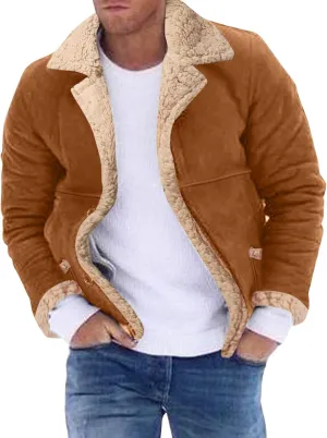 Mens Faux Suede Jackets Sherpa Lined Button Down Bomber Jacket Big and Tall Trucker Jacket Turn Down Collar Warm Coats