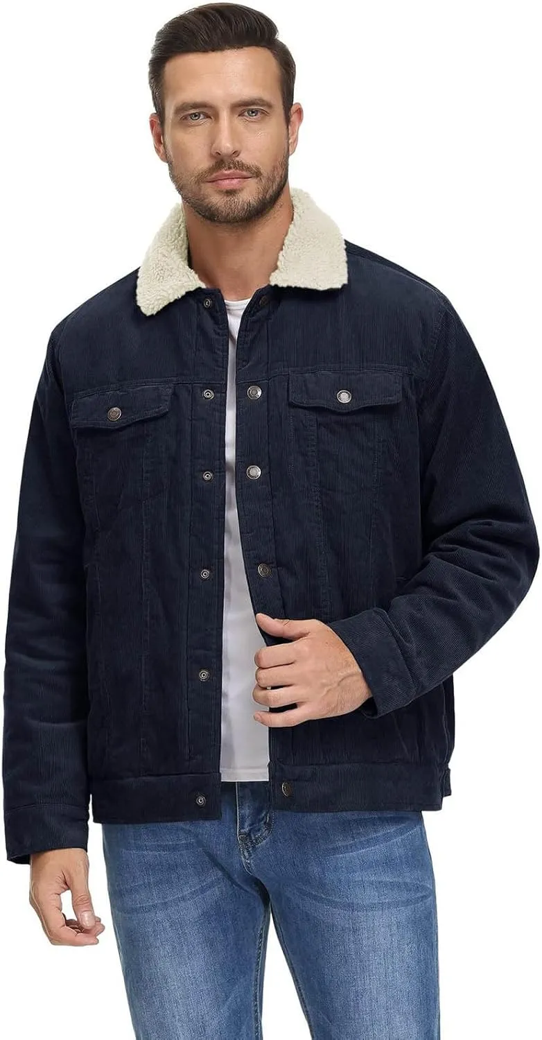 Mens Fleece Sherpa Lined Corduroy Jacket Slim Fit Button Down Trucker Jackets with Pockets Turn Down Collar Jacket