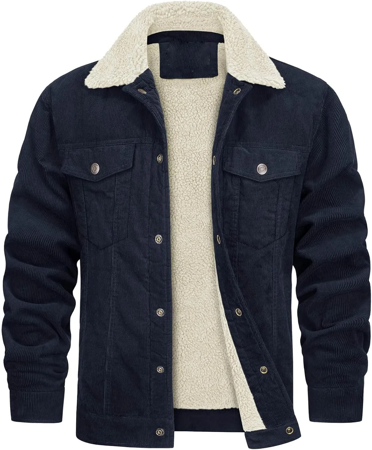 Mens Fleece Sherpa Lined Corduroy Jacket Slim Fit Button Down Trucker Jackets with Pockets Turn Down Collar Jacket