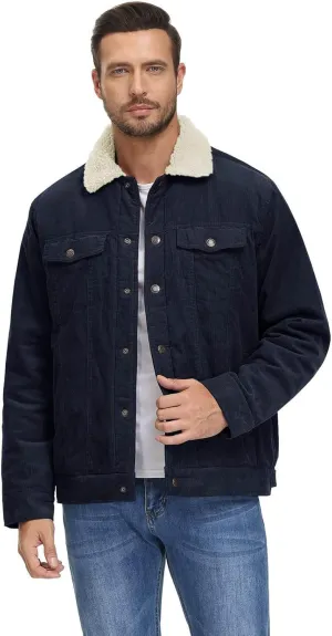 Mens Fleece Sherpa Lined Corduroy Jacket Slim Fit Button Down Trucker Jackets with Pockets Turn Down Collar Jacket