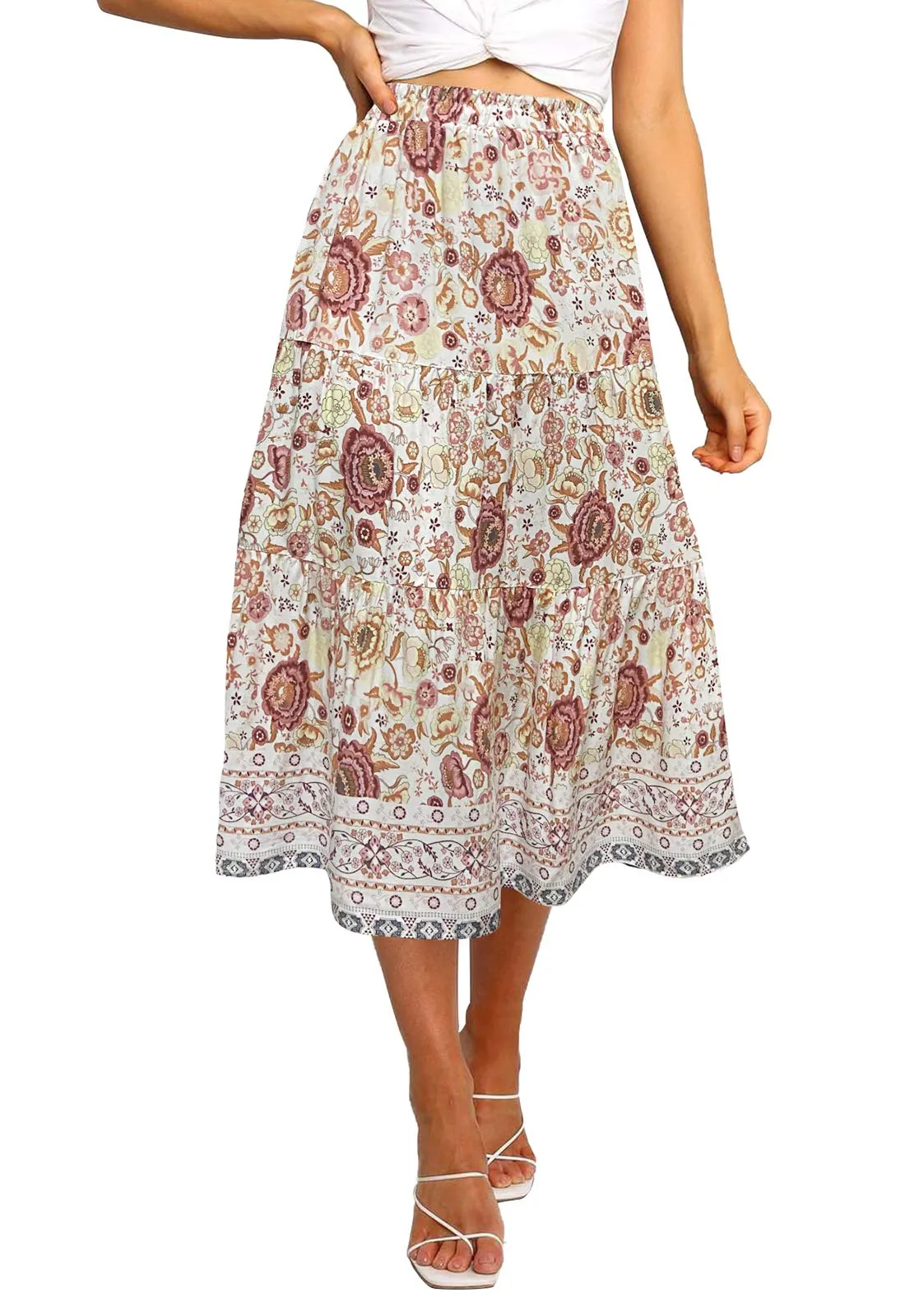 MEROKEETY Boho Print Pleated A-Line Midi Skirt