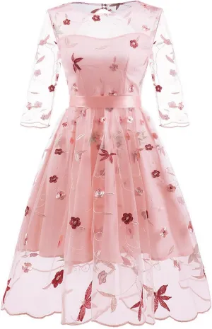 Mesh 3/4 Sleeve Floral Embroidery Dress for Women Flower Embroidered Tulle Prom Dress Illusion Cutout Back Homecoming Dresses