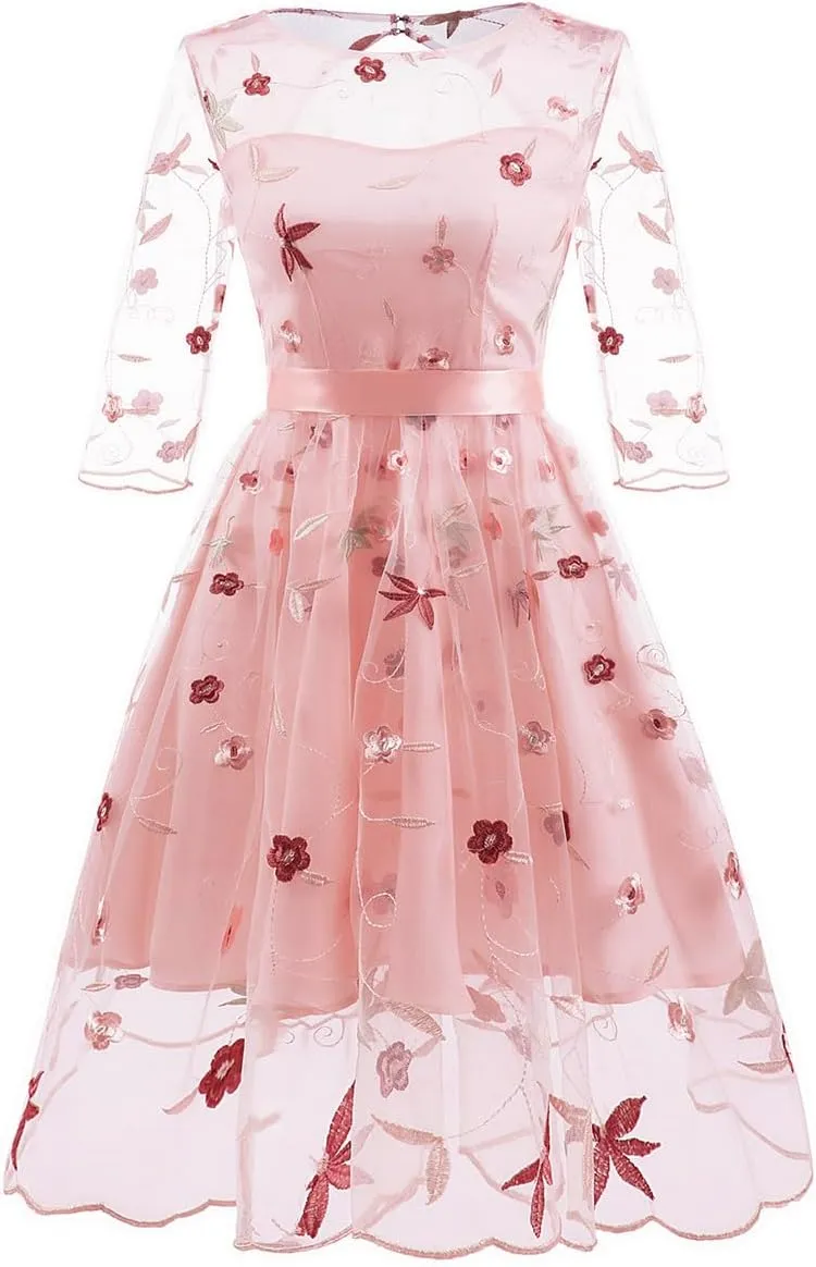 Mesh 3/4 Sleeve Floral Embroidery Dress for Women Flower Embroidered Tulle Prom Dress Illusion Cutout Back Homecoming Dresses