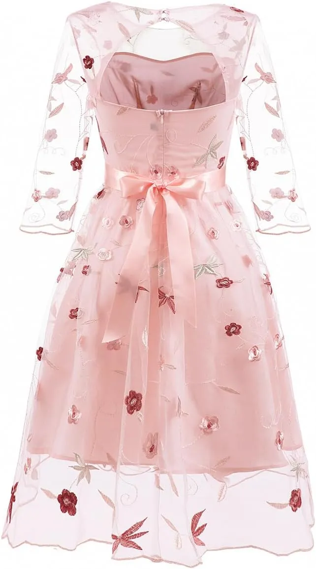 Mesh 3/4 Sleeve Floral Embroidery Dress for Women Flower Embroidered Tulle Prom Dress Illusion Cutout Back Homecoming Dresses